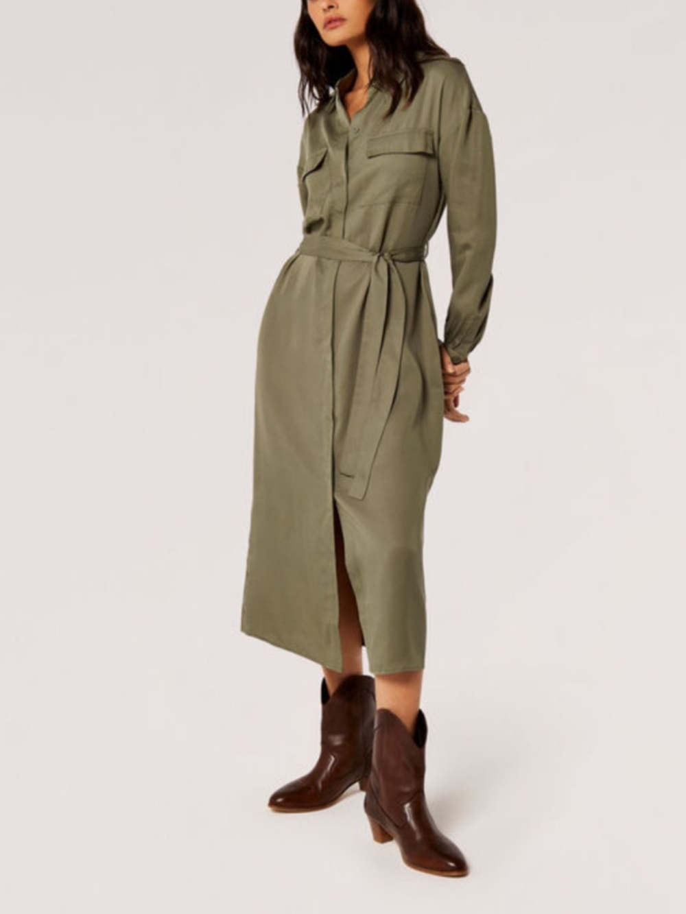 Magaschoni Olive Midi Shirt Dress with Tie Waist